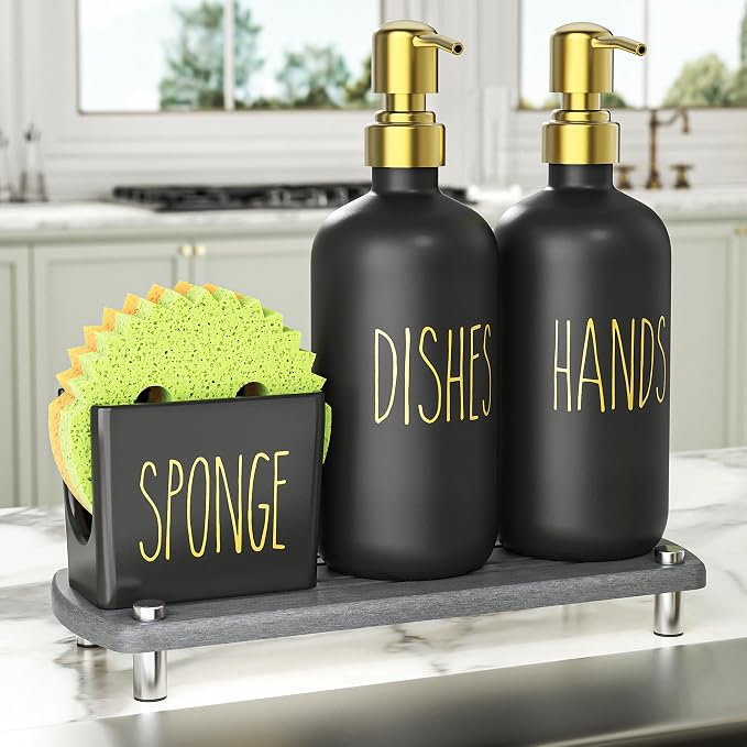 Cisily Kitchen Soap Dispenser Set Comes with Ceramics Sponge Holder, Gold Pumps, and Instant Dry Tray, Hand and Dish Soap Dispenser Set (4, Gold + Black + Sponge Holder)