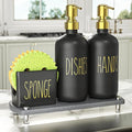 Cisily Kitchen Soap Dispenser Set Comes with Ceramics Sponge Holder, Gold Pumps, and Instant Dry Tray, Hand and Dish Soap Dispenser Set (4, Gold + Black + Sponge Holder)