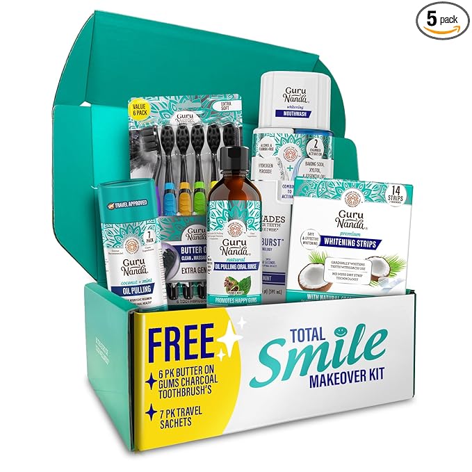 GuruNanda Total Smile Makeover Kit Charcoal with Cocomint Oil Pulling, Dual Barrel Whitening Mouthwash, Whitening Strips & Charcoal Butter on Gums Toothbrushes