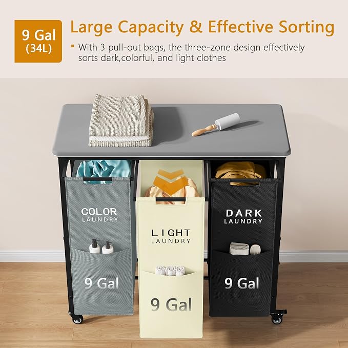 Gewudraw 3 Section Laundry Hamper with Ironing Board | Laundry Sorter with Removable Bags, Heavy-Duty Rolling Laundry Cart, Lockable Wheels, For Bathroom, Bedroom