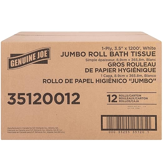 Genuine Joe Jumbo Roll Bath Tissue, 1-Ply, 3.63" x 1200', White, 12 Count