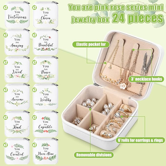 Kacctyen 24 Pcs Mini Travel Jewelry Case Bulk You Are Amazing Loved Leaves Mother's Day Church Gift for Secretary Girls Leather Travel Jewelry Case