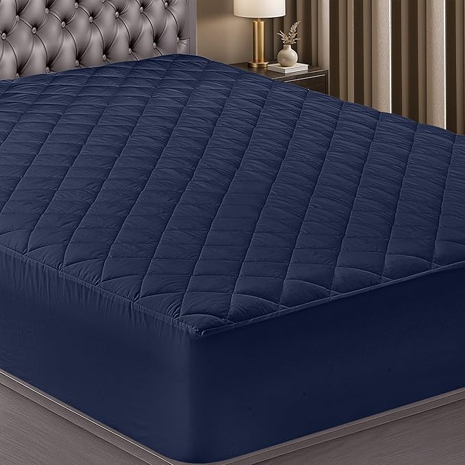 Quilted Fitted Mattress Pad, Twin Mattress Protector Topper with Deep Pocket Stretches up to 16 Inches, Machine Washable Mattress Cover by Utopia Bedding (Navy)