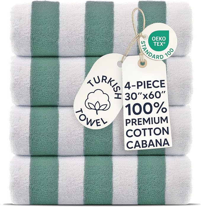 Chakir Turkish Linens Premium Quality 100% Cotton Turkish Cabana Thick Stripe Pool Beach Towels 4-Pack (Sea Green, 30x60 Inch)
