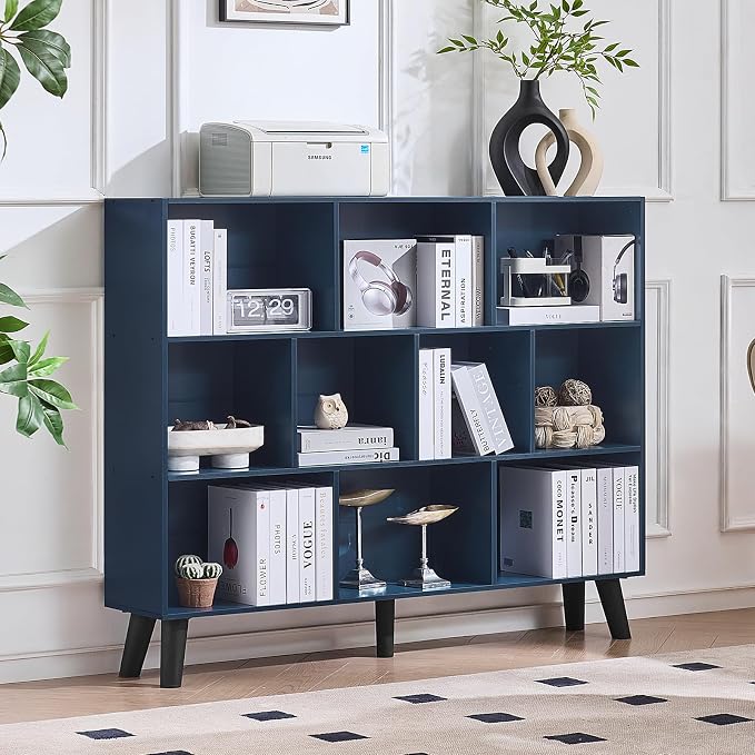 LEYAOYAO 10 Cube Bookshelf,Mid-Century Modern Bookcase with Legs,Dark Blue | 3 Tier Book Shelf, 55" Wide Rustic Wood Bookshelves Large Storage Organizer, Open Shelves for Bedroom, Living Room, Office