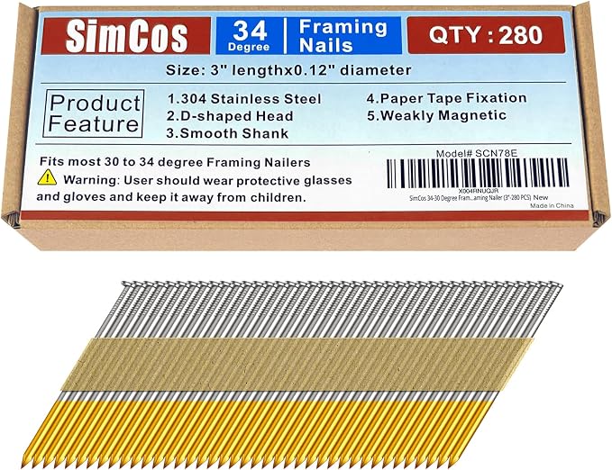 34-30 Degree 3 Inch Smooth Shank Paper Framing Nails,280-Pack | 304 Stainless Steel D Head Tape Strip Nails for 30 to 34 Degree Framing Nailer,Fits Indoor and Outdoor Building Projects