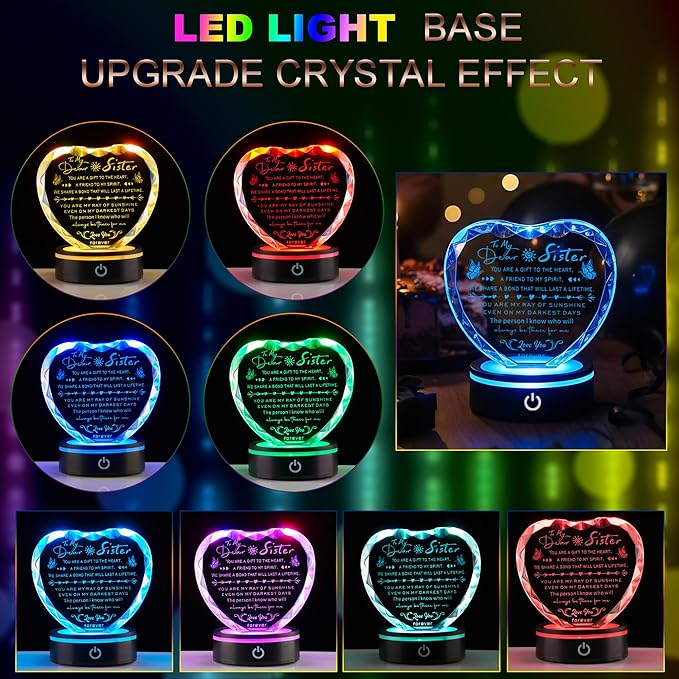 Sister Gifts Crystal Keepsake with LED Base, Laser Engraved Sister Gift from Sister, Soul Sister Presents for Women, Unique Big Sister Birthday Gifts for Girls, Best Sister Ever Gifts