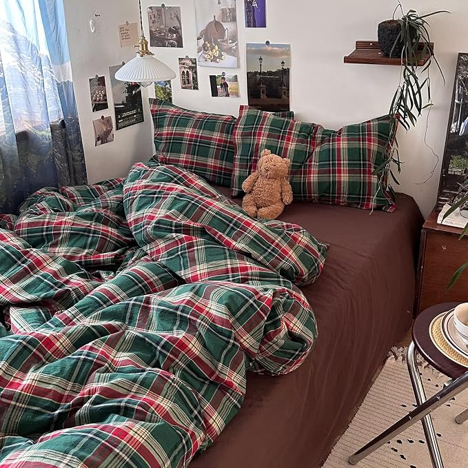mixinni Vintage Green Buffalo Plaid Washed Cotton Duvet Cover King - Soft Breathable Textured Bedding Set with Zipper Closure for All Seasons-1 Duvet Cover + 2 Pillow Shams-King Size
