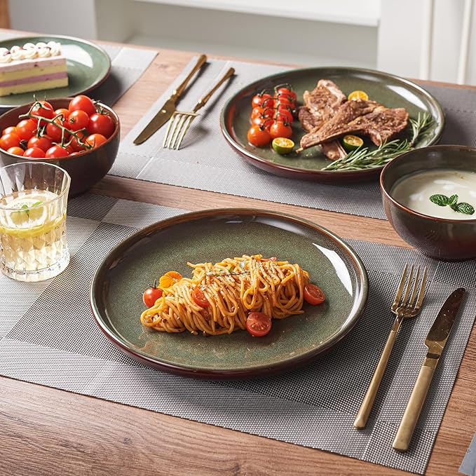 Pokini 24 Piece Dinnerware Sets for 8, Modern Stoneware Plates and Bowls Setst, Perfect for Family Gatherings & Holiday Celebrations, Easy Cleaning Dishes Set, Stack Compactly Dishware, Brown Green