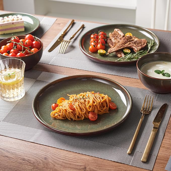 Pokini Stoneware Dinnerware Sets Service for 4, 12 pcs Reactive Glaze Plates and Bowls Sets, Handmade Ceramic Dish Set, Highly Chip and Crack Resistant Modern Plate Set, Brown Green