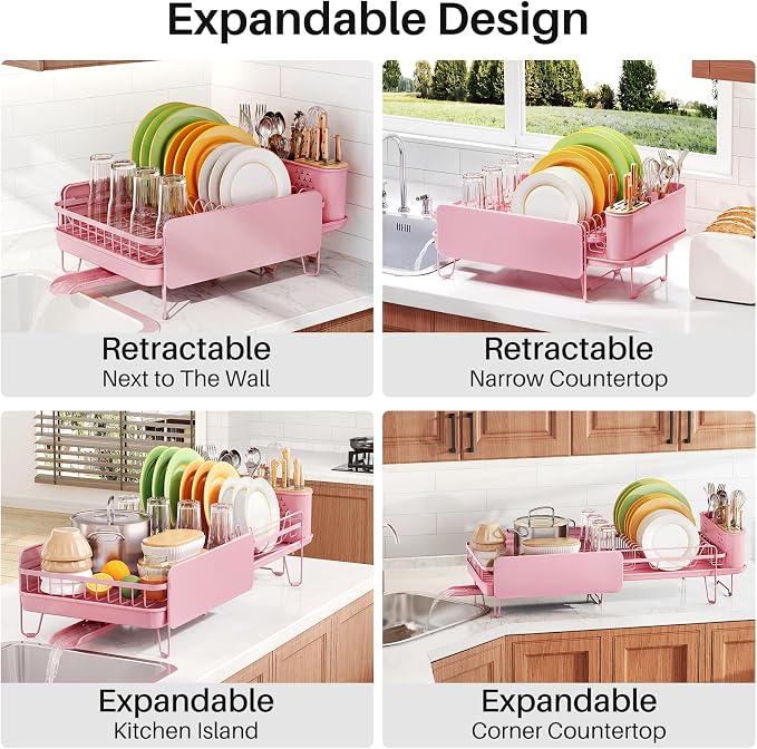 SNTD Dish Drying Rack - Large Dish Racks for Kitchen Counter, Expandable Dish Drainers with Cutlery Holder Stainless Steel Rustproof (Pink)