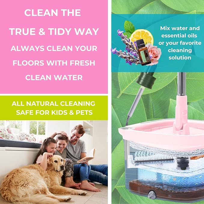 True & Tidy Pink Square Spin Mop and Bucket System, 2 Machine Washable Pads