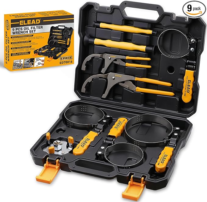 ELEAD 9-Piece Ultimate Oil Filter Wrench Set - Professional Oil Filter Removal Tool, Swivel Head Oil Filter Wrenches, Adjustable Oil Filter Remover Pliers, Universal Oil Filter Wrench and Valve Lapper