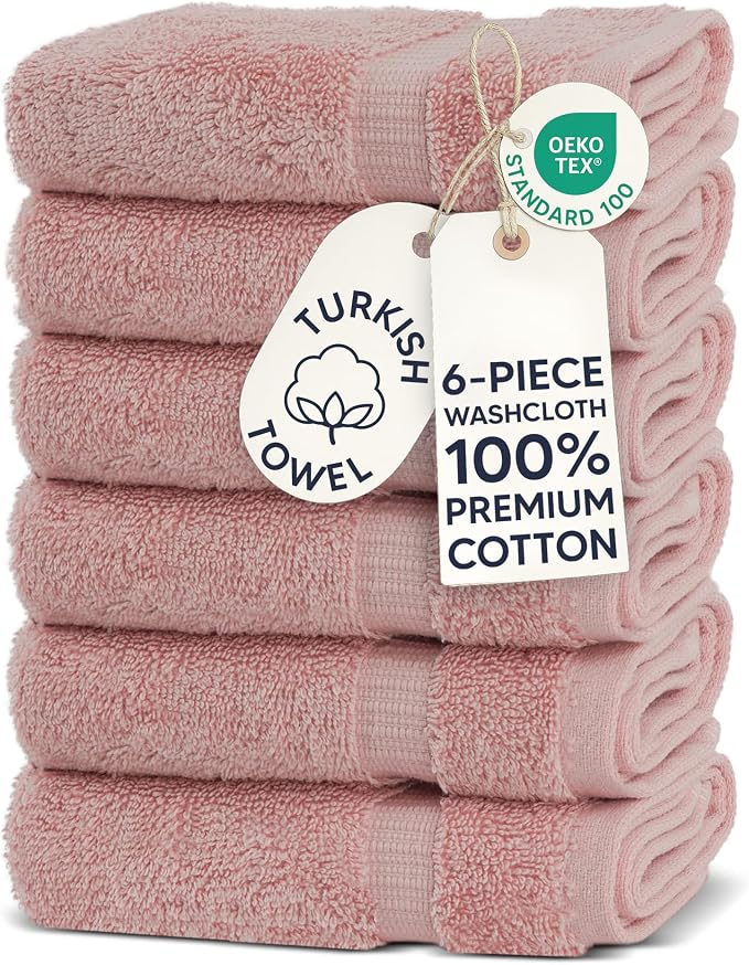 Chakir Turkish Linens 6 Piece Washcloth Set, 100% Cotton Turkish Washcloths for Bathroom, Luxury Soft Absorbent Face Towels, 13 x 13 Inches, Pink