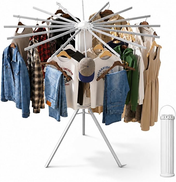 Clothes Drying Rack Foldable, Portable Laundry Drying Rack for Clothes with 16 Aluminum Rods & 48 Windproof Slots, Collapsible Tripod Dry Rack for Apartment, RV, Balcony
