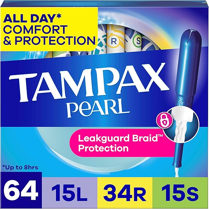 Tampax Pearl Tampons Tampons with Leak-Proof Braid, Lightweight/Regular/Super Absorbent, Unscented (Pack of 64)