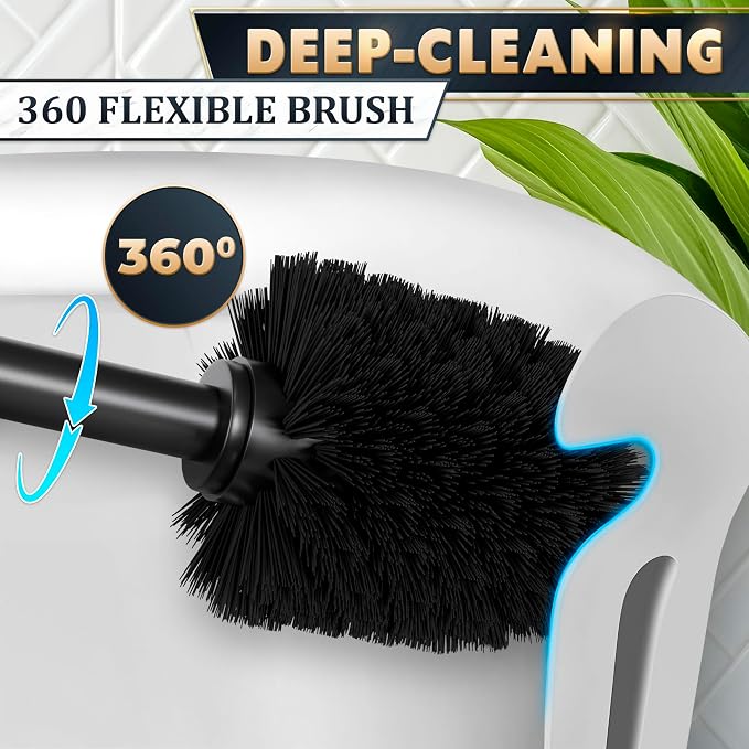 Black Toilet Brush with Square Stainless Steel Holder - Freestanding Toilet Brush and Holder Set Black - Removable Plastic Inner Cup, Splash Guard Cover, Replaceable Head, Corrosion Resistant Finish