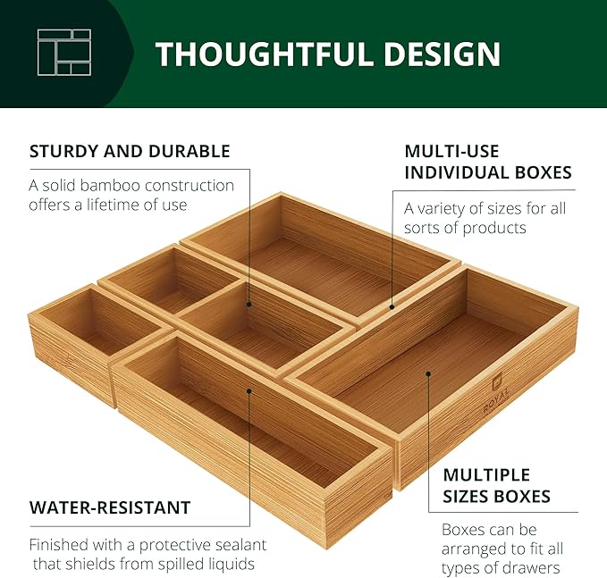 ROYAL CRAFT WOOD Premium Carbonized Bamboo Decorative Boxes - Drawer Organizer Set (5-Piece) – Wood Storage Boxes for Kitchen, Bathroom, Office & Makeup
