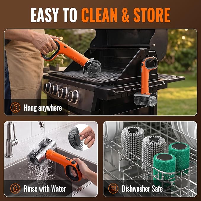 Electric Grill Brush, Cordless BBQ Grill Cleaner with Dual Rotating Heads, 450 RPM Motorized Grill Cleaning Brush with Forward & Reverse, LED Light, 6-Piece Replaceable Brush Set for Outdoor Grill
