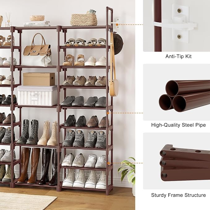 WOWLIVE 9 Tiers Shoe Rack Shoe Storage Shoe Organizer 30-35 Pairs Shoe Tower Unit Shelf Durable Metal Pipes with Plastic Connectors Stackable Cabinet Brown