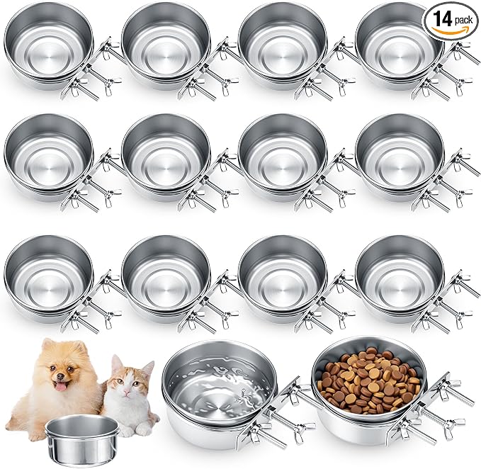 Silkfly 14 Pack Stainless Steel Hanging Dog Crate Bowls, Non-Spill Kennel Food & Water Bowls with Screw Clamp Holders, Removable, Easy to Clean Metal Cage Feeder for Pets(12 oz)