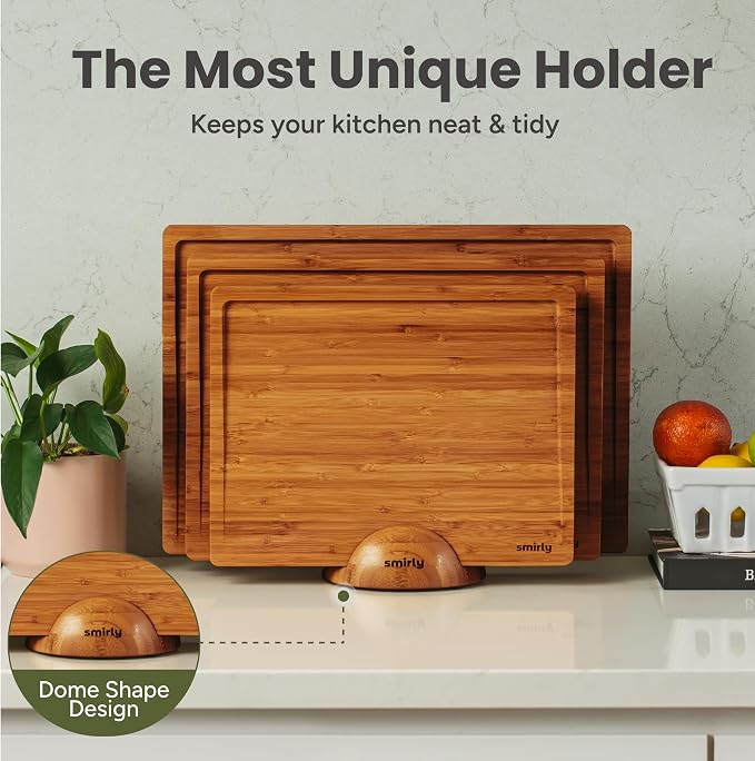 SMIRLY Cutting Board, Carbonized Bamboo Cutting Board Set of 3 with Stand | Non Toxic Wooden Cutting Board with Juice Grooves and Handles, Multiple Sizes Chopping Boards for Meat Vegetable Charcuterie