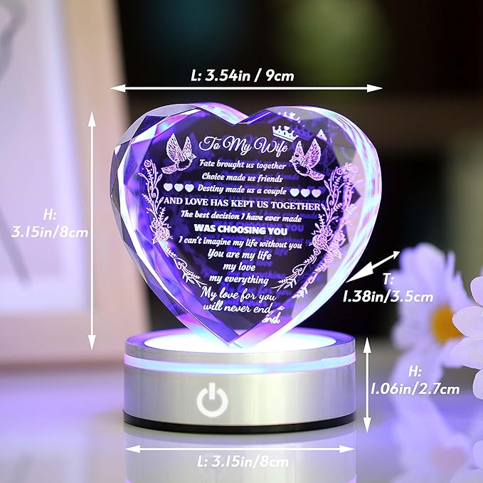 Gifts for Wife Crystal with Colorful LED Base, Anniversary Birthday Gifts for Women, I Love You Gifts for Her Wife Birthday Gift Ideas, Crystal Keepsakes Romantic Gifts for Valentine's Day