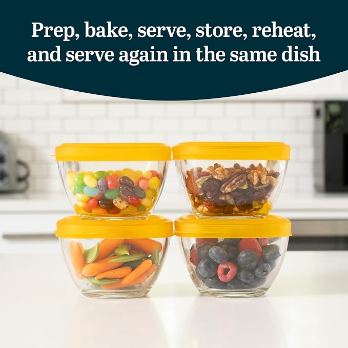 Libbey Serve It Glass Storage Bowls Set of 16 Stackable 2 Cup Food Storage Containers with Sung Fit Lids, Glass Bowls Set for Snacks, Leftover or Meal Prep