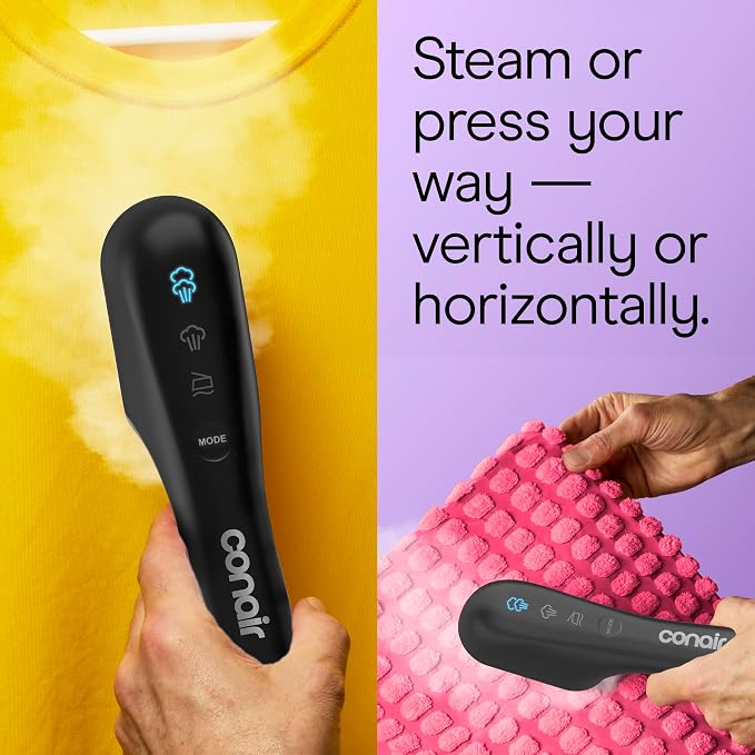 Conair 2-in-1 Steam & Iron Garment Wand, Portable Handheld Fabric Steamer with Ceramic Soleplate, 25-Second Heat-Up, 12-Minute Steam Time, Black, GS47BL