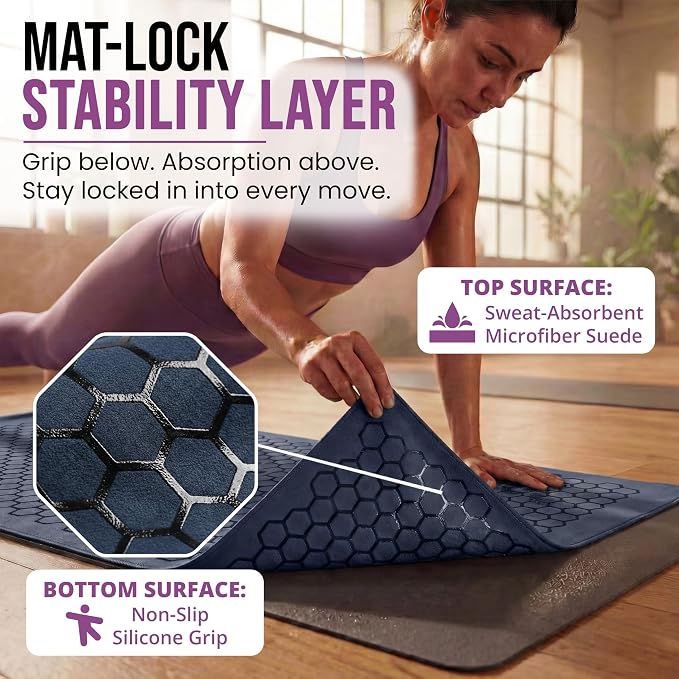 Clever Yoga Hot Yoga Mat Towel – Non-Slip Grip for Hot Yoga, Sweat Absorbent, Honeycomb Silicone Grip, Stays Flat – Ideal for Pilates, Travel, Washable & Lightweight - Dark Blue