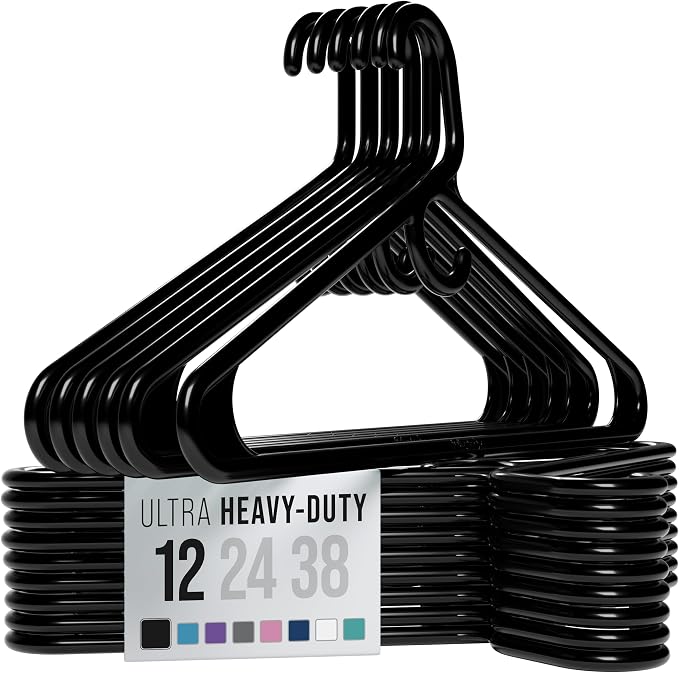 NEATERIZE Thick Heavy Duty Hangers - Black Plastic Clothes Hangers 12 Pack - Great for Coat Hanger, Jackets Jeans & Suit Hanger for Closet - New Apartment Essentials Percheros Ganchos para Colgar Ropa