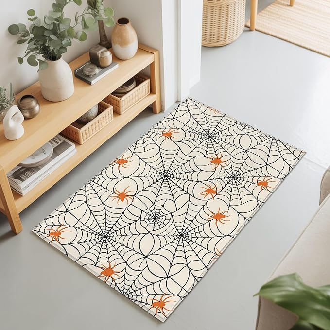 Entryway Area Rug 2'x3', Halloween Washable Small Area Rugs for Kitchen Bathroom Bedroom Office Laundry, Orange Black Net Classic Spiders Gingham Non Slip Door Mat Indoor Entrance Floor Throw Carpet