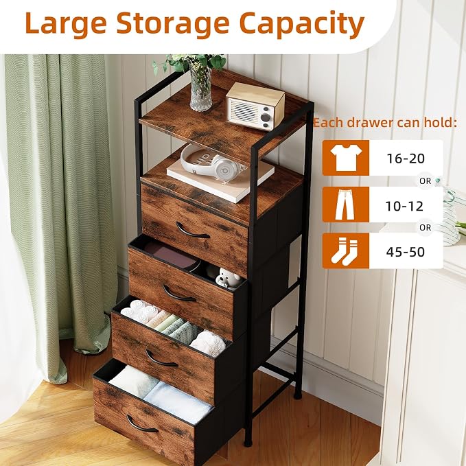 Somdot Nightstand with 4 Drawers, Vertical Storage Tower Fabric Dresser for Bedroom, Night Stand Bedside Table Furniture, Sturdy Steel Frame, Wooden Top & Easy Pull Fabric Bins, Wood Grain Print
