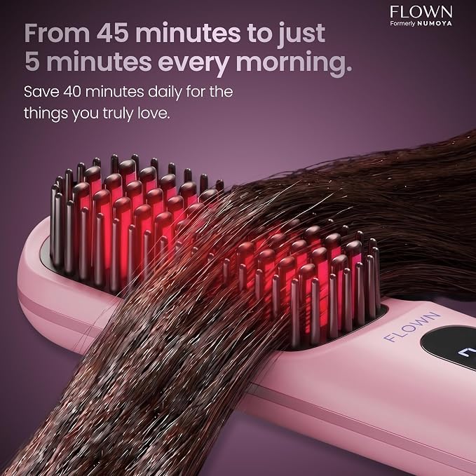 FLOWN® Original Go Brush PRO [Five Minutes Hair Styling Routine] - No Damage Heat Brush with USB-C Charger - Electric Travel Pocket Brush for All Hair Types - Pink (Formerly Numoya)