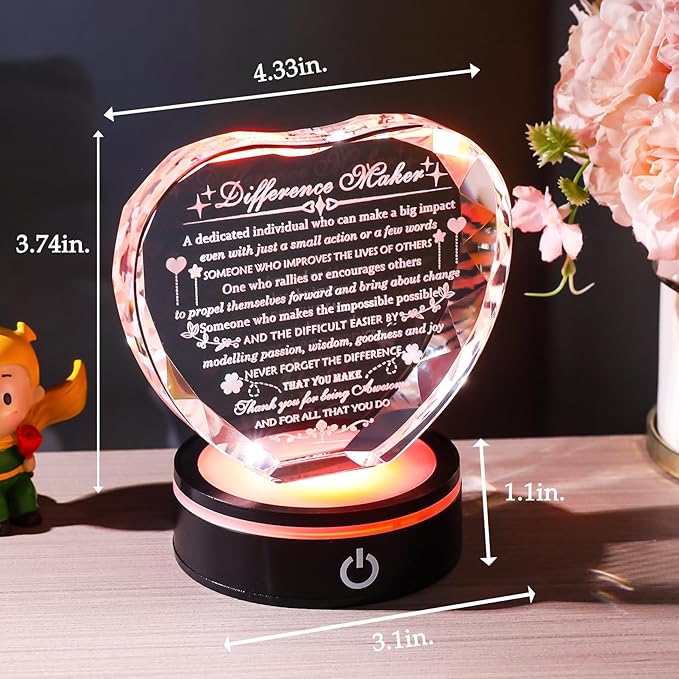 YWHL Difference Maker Plaque Gift with Colorful LED Base Thank You Appreciation Gifts for Coworker Boss Teachers Employee Mentor Leader Crystal Motivational Difference Maker Plaque Gifts for Women Men