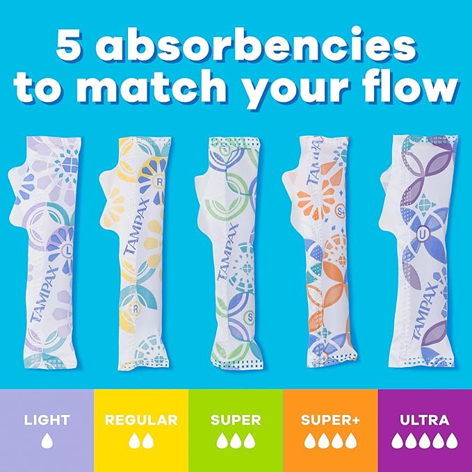 Tampax Pearl Tampons for Women Multipack, with LeakGuard Braid, Light/Regular/Super Absorbency, Unscented, 94 Count (2 Packs of 47) (Packaging May Vary)