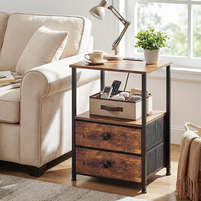 Night Stand, Nightstands Set of 2 with Charging Station | Bedside Table with 2 Fabric Drawers for Bedroom, End Tables with Storage Shelf for Small Spaces, Rustic Brown
