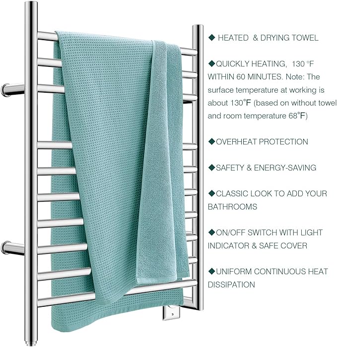 HEATGENE Towel Warmer Wall-Mounted Hardwired Heated Towel Rack Hot Towel Bar Mirror Polish