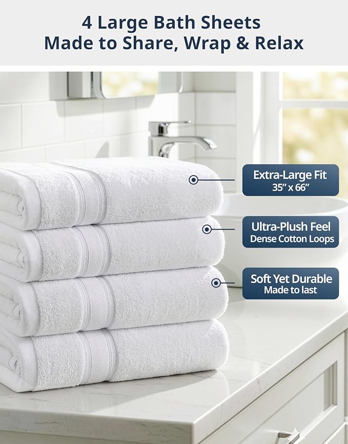 LANE LINEN 100% Cotton Bath Sheets - Exclusive Zero Twist Technology - 4 Pack (35"x66") White Towels large - Ultra Soft, Quick Dry & Super Absorbent - Hotel Collection Oversized Bath Towel Set - White