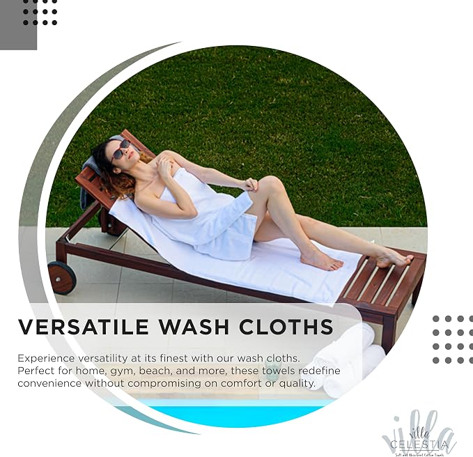 Villa Celestia Cotton Washcloths Set of 6, 12x12 Inch, 100% Ring-Spun Combed Cotton, Soft Absorbent Quick-Dry Wash Cloths for Face and Body, Oeko-TEX Certified, Hotel & Spa Quality, Black