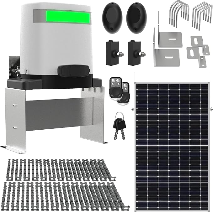 Blütezeit Solar Sliding Gate Opener 1400lb with 25W Solar Panel, Automatic Chain Drive Gate Motor with WiFi Control | Battery Backup | IR Sensor & 2 Remotes for Driveway Gates