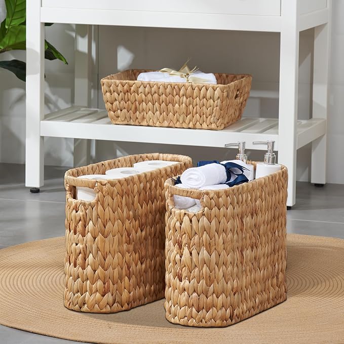 Toilet Paper Storage for 9 Rolls, Water Hyacinth Wicker Toilet Paper Storage Holder, Toilet Paper Basket with Built-in Handles