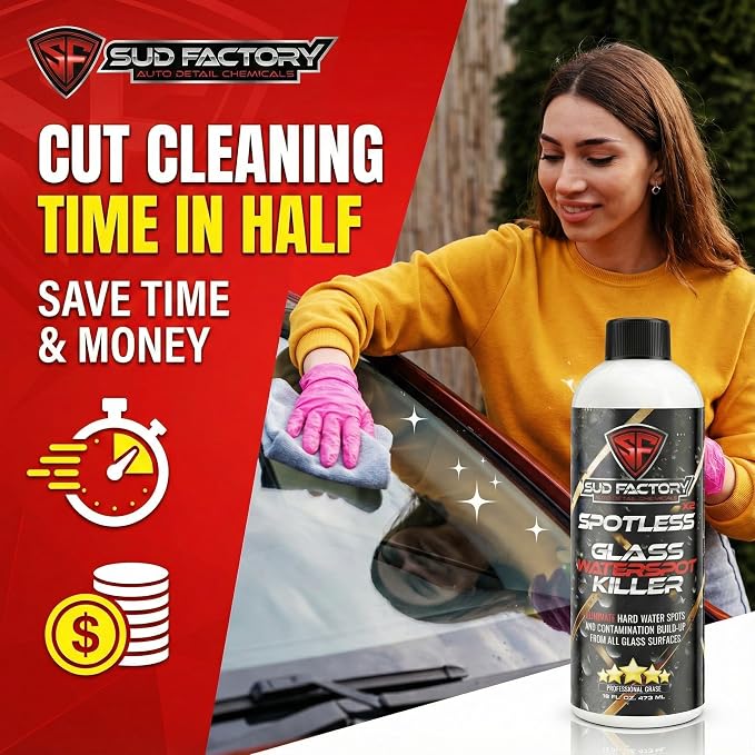 Sud Factory Hard Water Spot Remover for Glass Spotless X2 - Removes Water Stains from Shower Doors, Car Windows, Windshields - Professional Strength 16oz