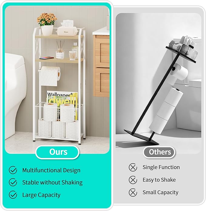 HapiRm Freestanding Toilet Paper Holder - 4-Tier Bathroom Tissue Organizer with Wood Shelves and Large Basket, Toilet Paper Holder Stand for Bathroom, Laundry Room, Apartment - White（Large）