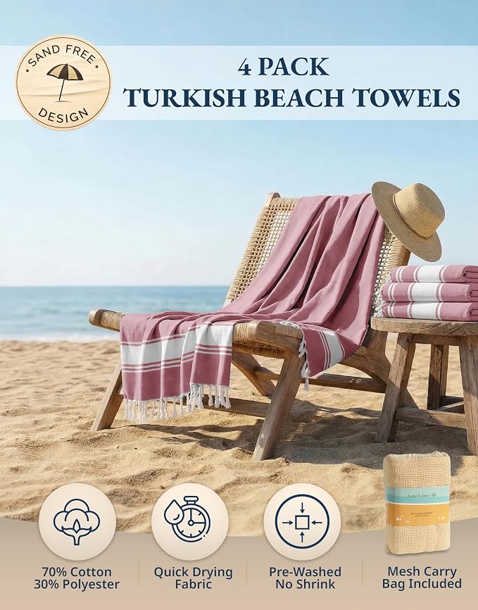 LANE LINEN Beach Towel 4 Pcs, Turkish Beach Towel Set, Soft - Cashmere Rose | Pre-Washed Pool Towels - 39"x71", Vacation Essential - Machine Washable, Travel & Camping - Super Absorbent, Reinforced Hems