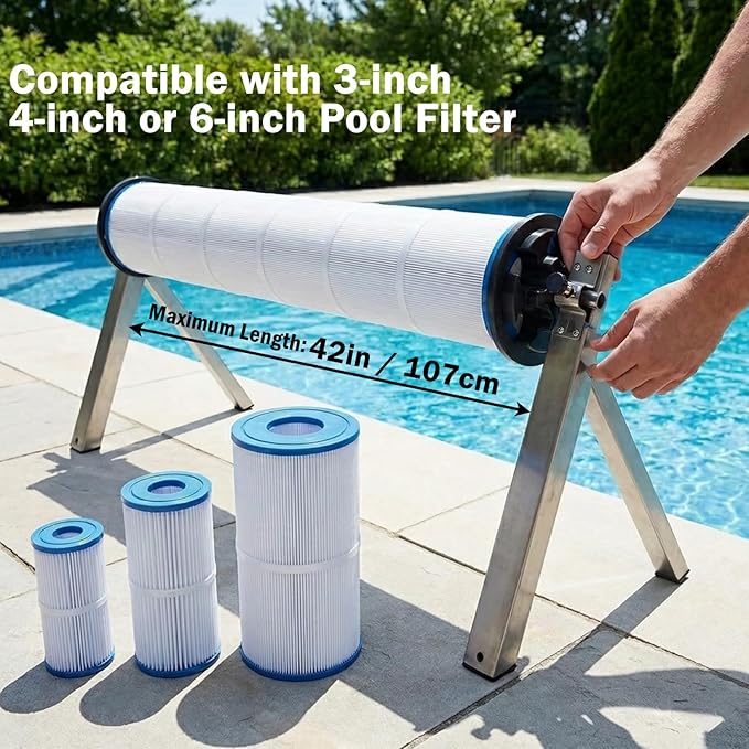 Pool Filter Cleaning Stand,Stainless Steel Pool Cartridge Filter Cleaner,360°Free Spinning Pool Cartridge Filter Cleaner for 3, 4 or 6 Inch Filters Up to 40",Cleaning Stand for Pools,Spas & Hot Tubs