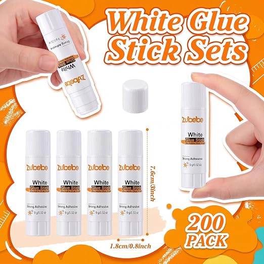 Zubebe 200 Count Glue Stick Bulk, 0.32 oz, 9g, Washable White Glue Stick for Crafts Home Back to School Classroom Students Teachers Employees Scrapbooking Crafting Supplies (Stylish)