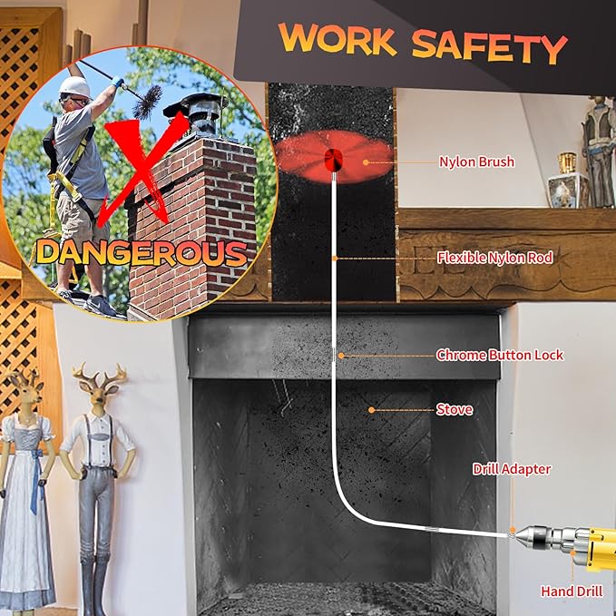 Chimney Sweep Kit - 33 Feet, Chimney Cleaning Tool with 10 Nylon Flexible Rods, Brush & Drill-Driven Rotary System