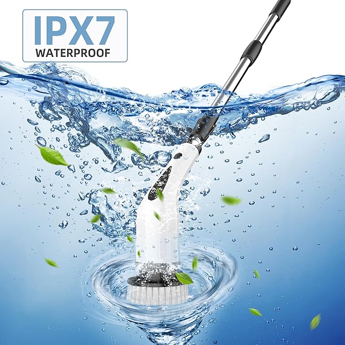 Electric Spin Scrubber, 3-Speed Cordless Cleaning Brush with 8 Brush Heads & Base, IPX7 Waterproof, Adjustable Long Handle, Digital Display, 2500mAh Fast Charging, for Bathroom, Tub, Tile, Floor