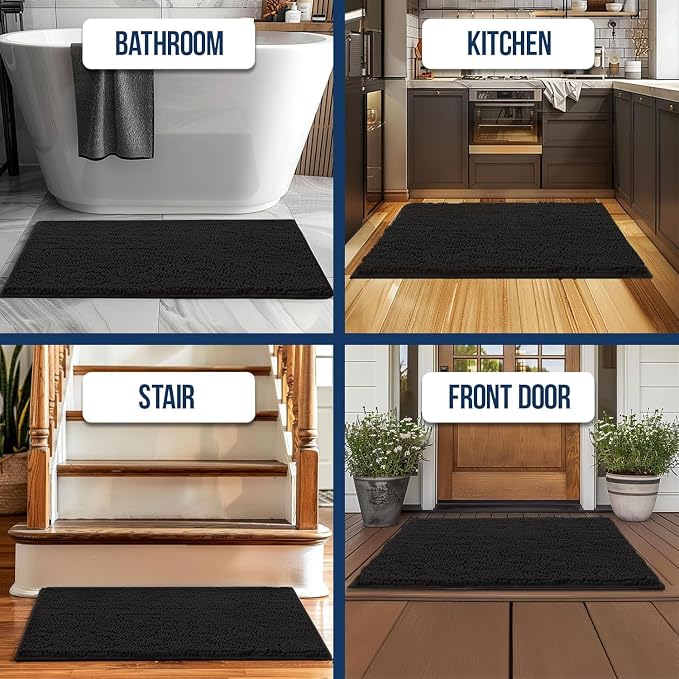 Muddy Mat® | Chenille Bathroom Rugs Quick Dry Microfiber Mats Non Slip Washable, Extra Thick, Soft and Highly Absorbent Bath Mats for Bathroom, Kitchen, and Shower Floor - Black 24"x36"